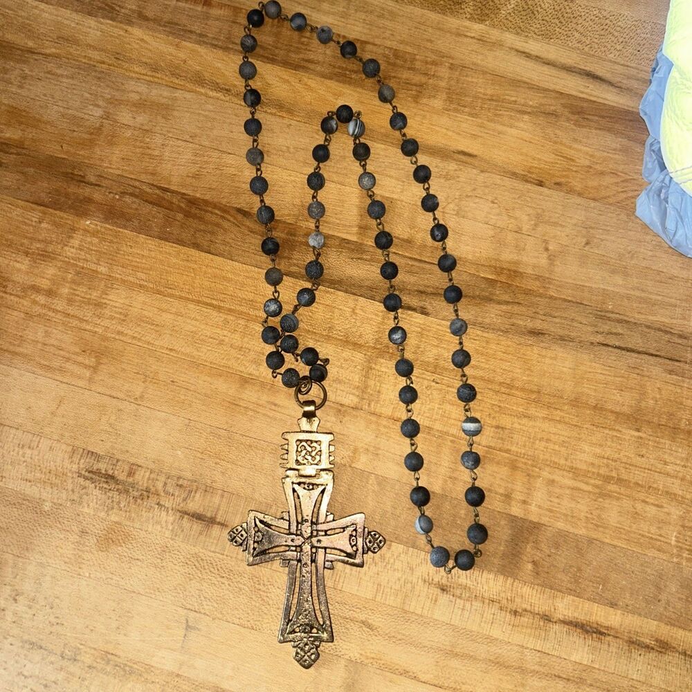 Vintage Style Grey/blue Beaded Rosery Necklace